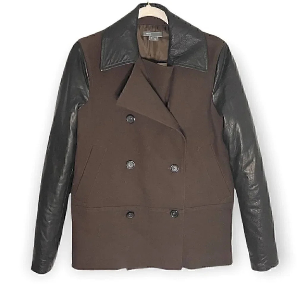 Vince Double Breasted Brown Pea Coat with Faux Leather Sleeves and Collar